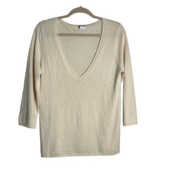 J Crew Deep V-Neck 3/4 Sleeve 100% Cashemere Sweater Cream Size Large - Picture 1 of 7